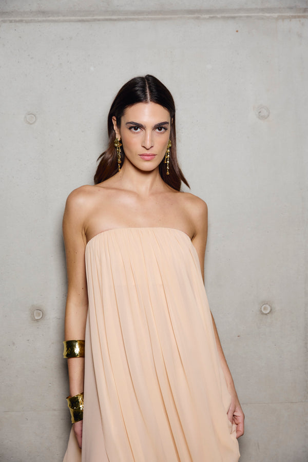 SHELL GEORGETTE STRAPLESS DRAPE GOWN