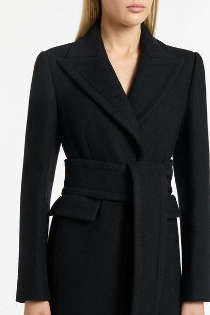 BLACK ITALIAN WOOL BELTED COAT