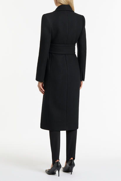 BLACK ITALIAN WOOL BELTED COAT