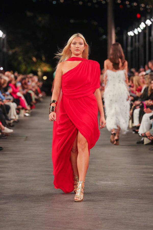 RED GEORGETTE ONE SHOULDER DRAPE TOP