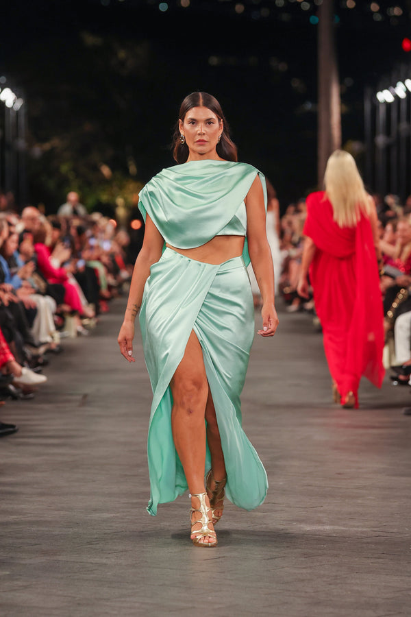 MINT LUSTRE SATIN DRAPE MAXI SKIRT