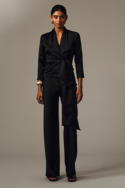 BLACK SATIN WRAP TOP