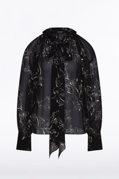 BLACK LINEAR FLORAL RUFFLE BLOUSE