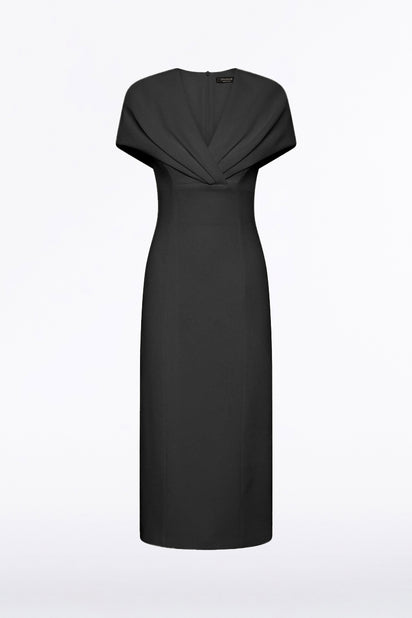 BLACK CREPE FRONT TUCK MIDI DRESS