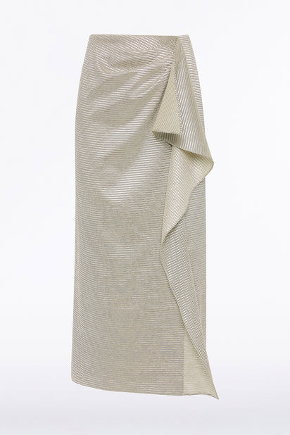 STRIPED GOLD RUFFLE FRONT SKIRT