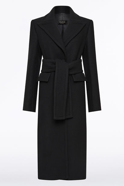 BLACK ITALIAN WOOL BELTED COAT
