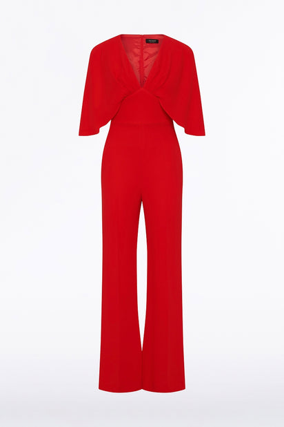 RED CREPE TUCK FRONT CAPE JUMPSUIT