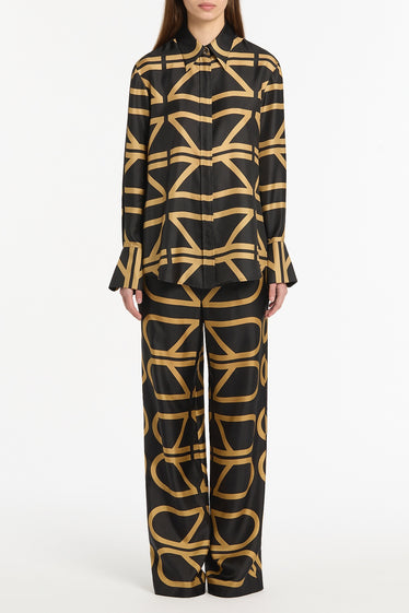 BLACK AND BRANDY GRID SILK TWILL ELASTIC PANT