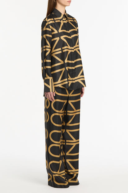 BLACK AND BRANDY GRID SILK TWILL RELAXED SHIRT
