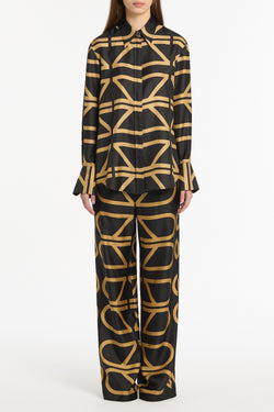 BLACK AND BRANDY GRID SILK TWILL RELAXED SHIRT