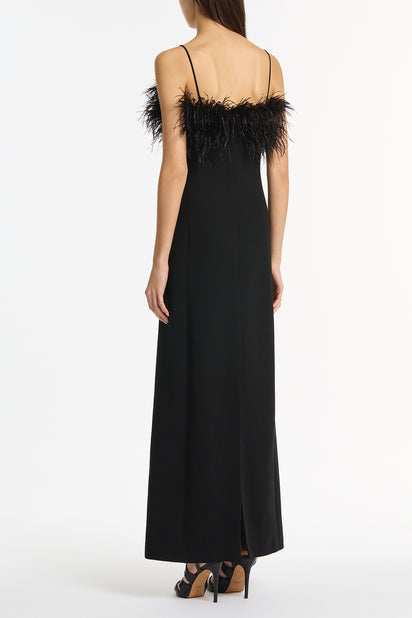 BLACK CREPE FEATHER MAXI DRESS