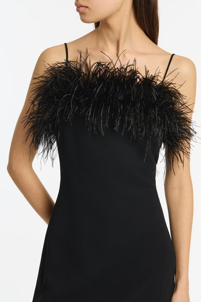 BLACK CREPE FEATHER MAXI DRESS