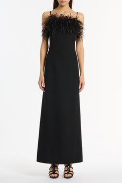 BLACK CREPE FEATHER MAXI DRESS