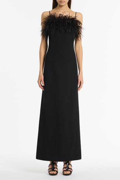 BLACK CREPE FEATHER MAXI DRESS