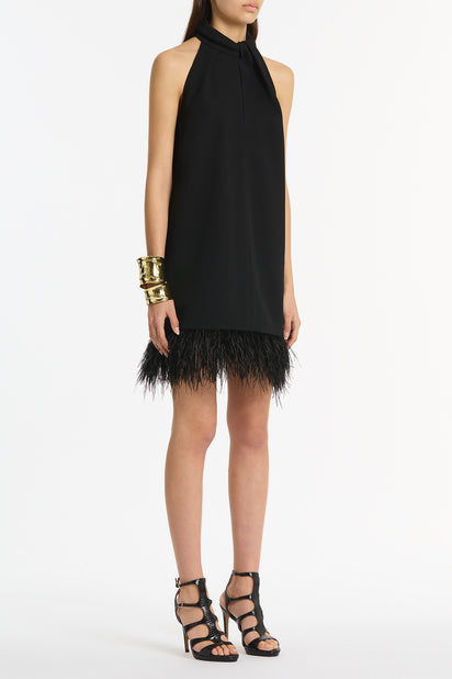BLACK CREPE FEATHER MINI DRESS