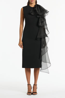 BLACK CREPE RUFFLE SHOULDER DRESS