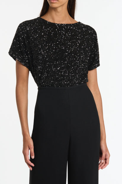 BLACK CRUSHED SEQUIN DRAPE TOP