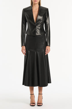 BLACK FAUX LEATHER FLOUNCE SKIRT