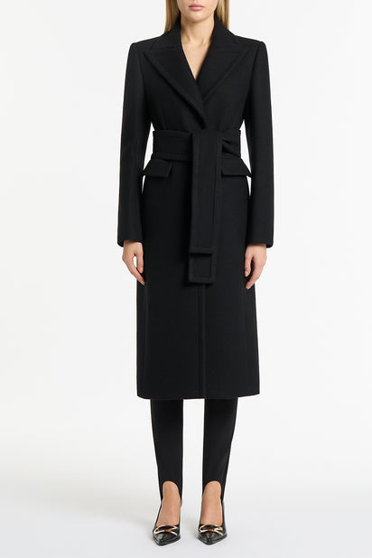 BLACK ITALIAN WOOL BELTED COAT