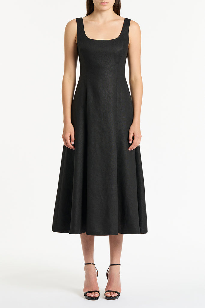 chinese dress ladies Square Neck Puff Sleeve Linen Midi Dress