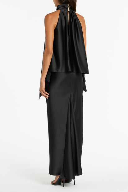 BLACK SATIN DRAPED ALTURA HALTER TOP