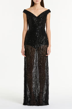 BLACK SEQUIN FRINGE GOWN