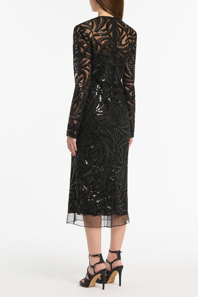 tall cool woman in a black dress Bertina Long Sleeve Sequin Maxi Gown