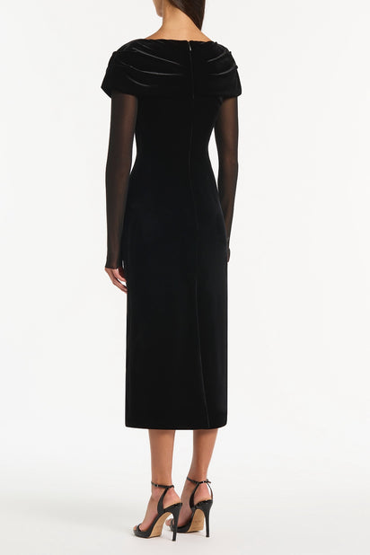 BLACK VELVET MESH DRAPED SHOULDER MIDI DRESS