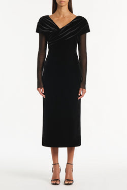 BLACK VELVET MESH DRAPED SHOULDER MIDI DRESS