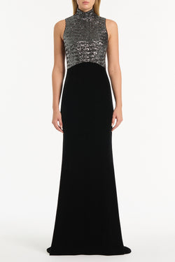 BLACK VELVET SEQUIN HALTER NECK DRESS