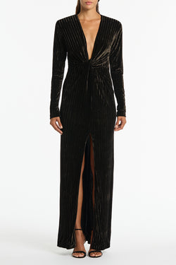 BRASS RIBBED VELVET PLUNGE GOWN