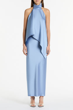 CORNFLOWER SATIN DRAPED HALTER TOP