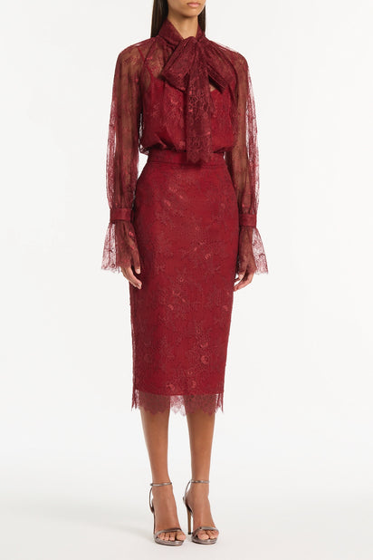 DAHLIA RED LACE LONG PENCIL SKIRT