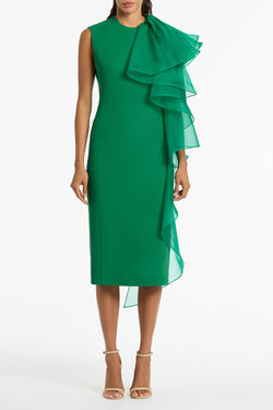 EMERALD CREPE RUFFLE SHOULDER DRESS