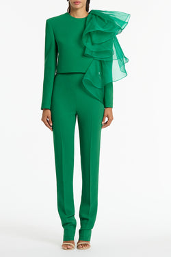 EMERALD CREPE RUFFLE SHOULDER TOP