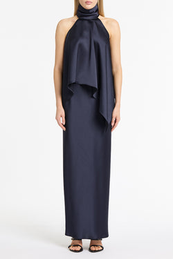MIDNIGHT SATIN DRAPED HALTER TOP