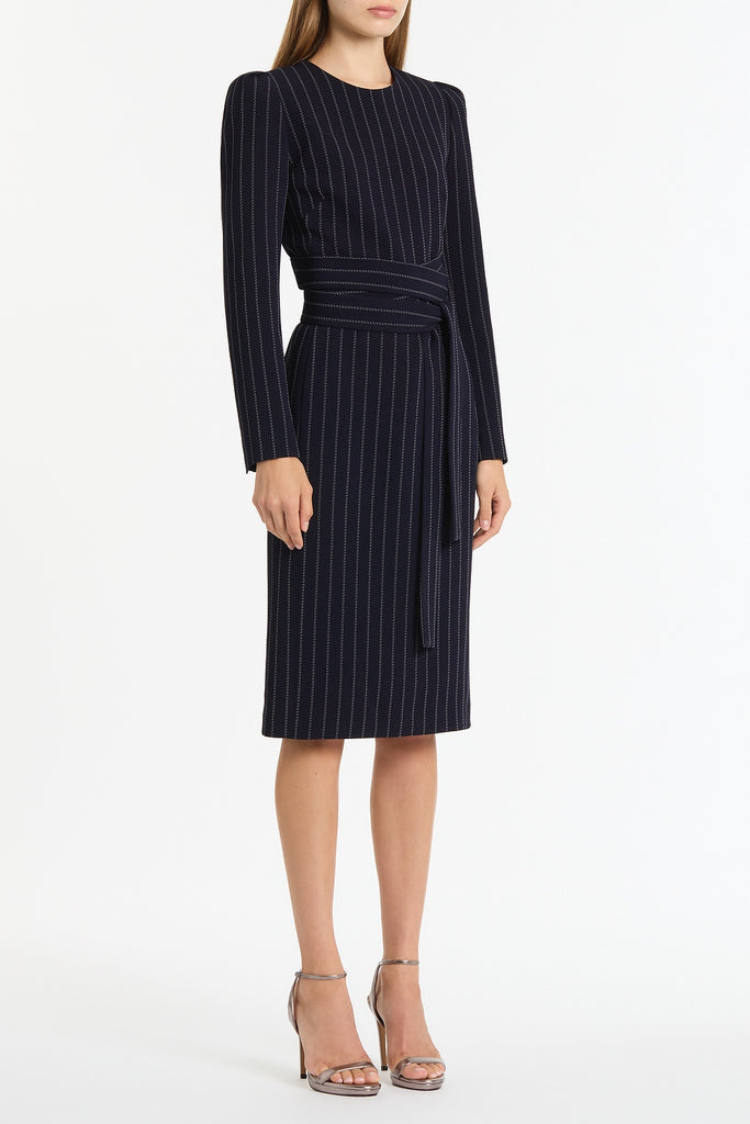 NAVY PINSTRIPE SPLIT SLEEVE MIDI DRESS – Carla Zampatti
