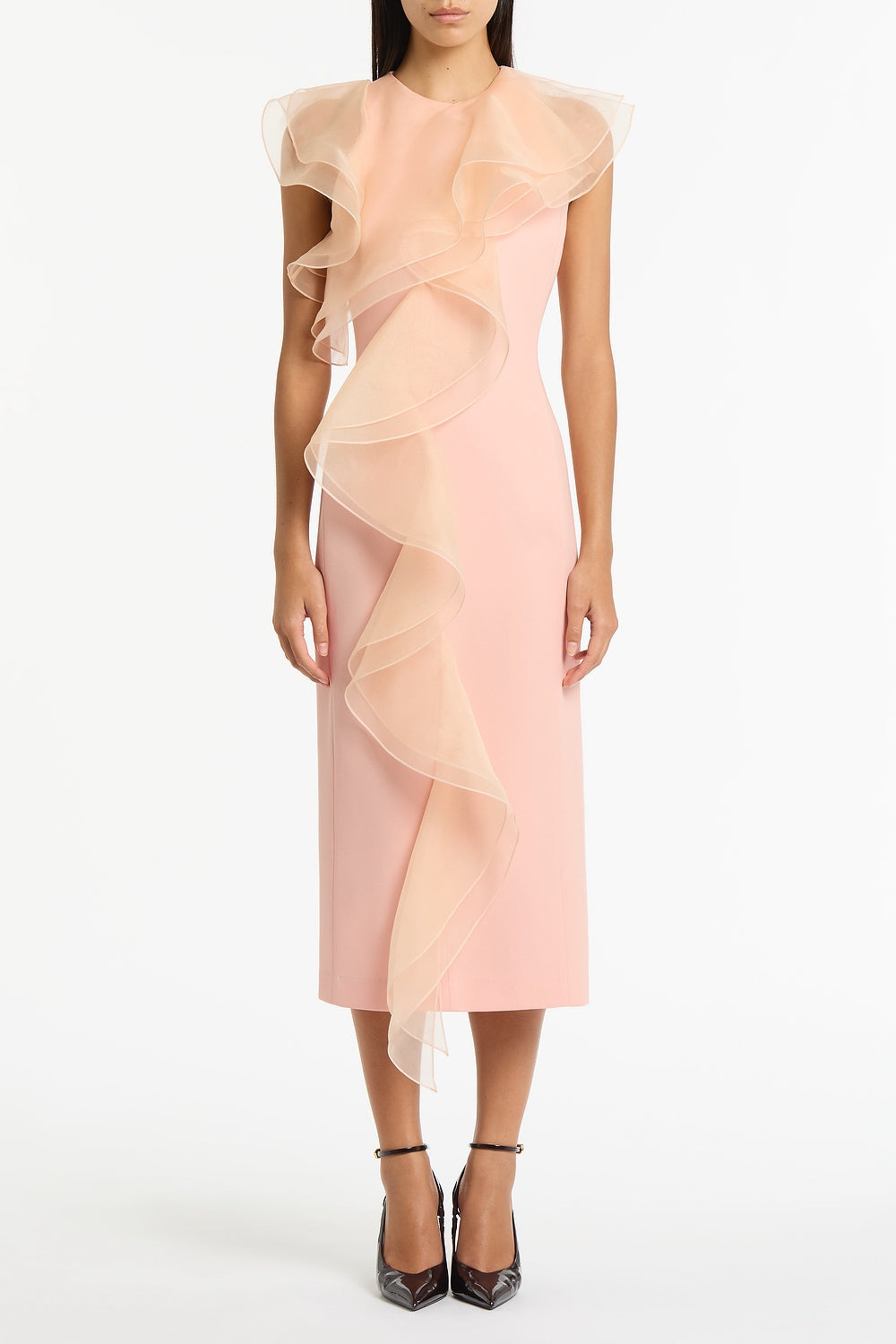 PALE ROSE CREPE RUFFLE FRONT MIDI DRESS – Carla Zampatti