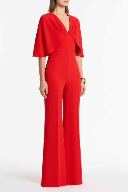 RED CREPE TUCK FRONT CAPE JUMPSUIT