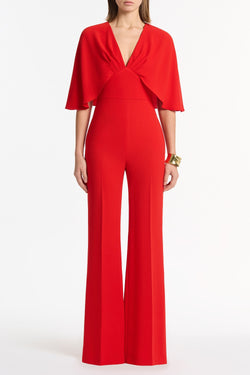RED CREPE TUCK FRONT CAPE JUMPSUIT