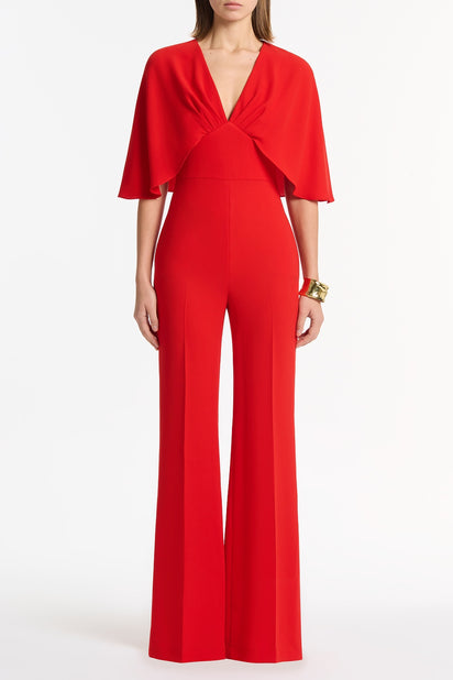 RED CREPE TUCK FRONT CAPE JUMPSUIT