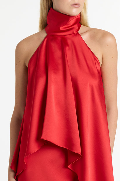 RED SATIN DRAPED HALTER TOP