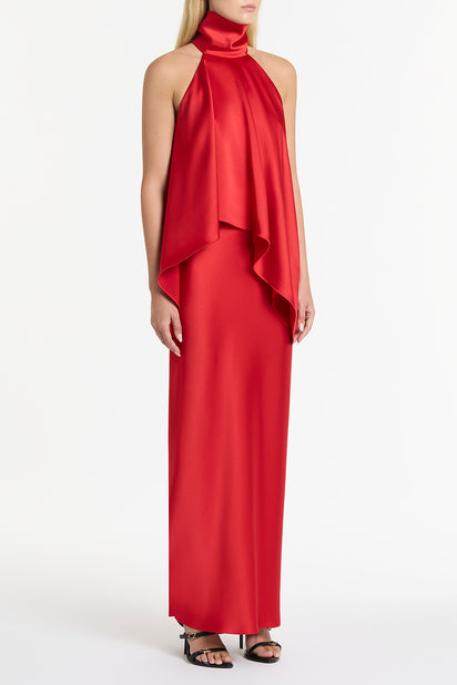 RED SATIN DRAPED HALTER TOP