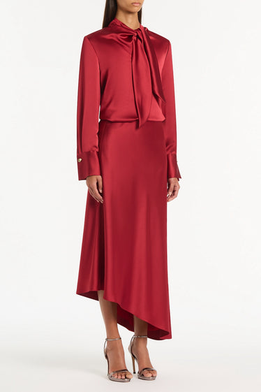 RIO RED SATIN ASYMMETRIC BIAS SKIRT