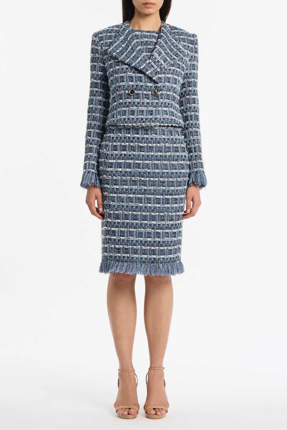 ROYAL METALLIC CHECK TWEED FRINGED CROPPED JACKET – Carla Zampatti