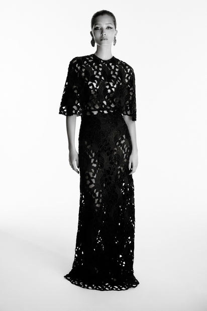 BLACK EMBROIDERED VELVET GOWN