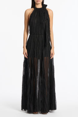 BLACK SHREDDED TULLE HALTER GOWN