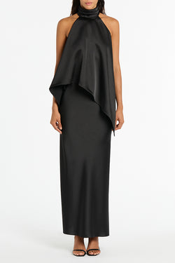 BLACK SATIN DRAPED HALTER TOP