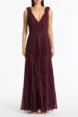 CHERRY SHREDDED TULLE V-NECK GOWN