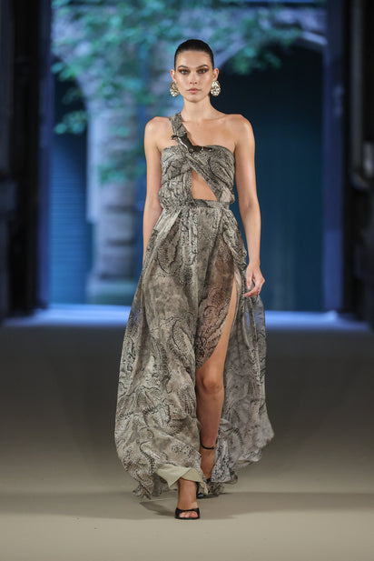 LINDY LEE MOSS FIERCE DRAGON SILK BUTTON GOWN